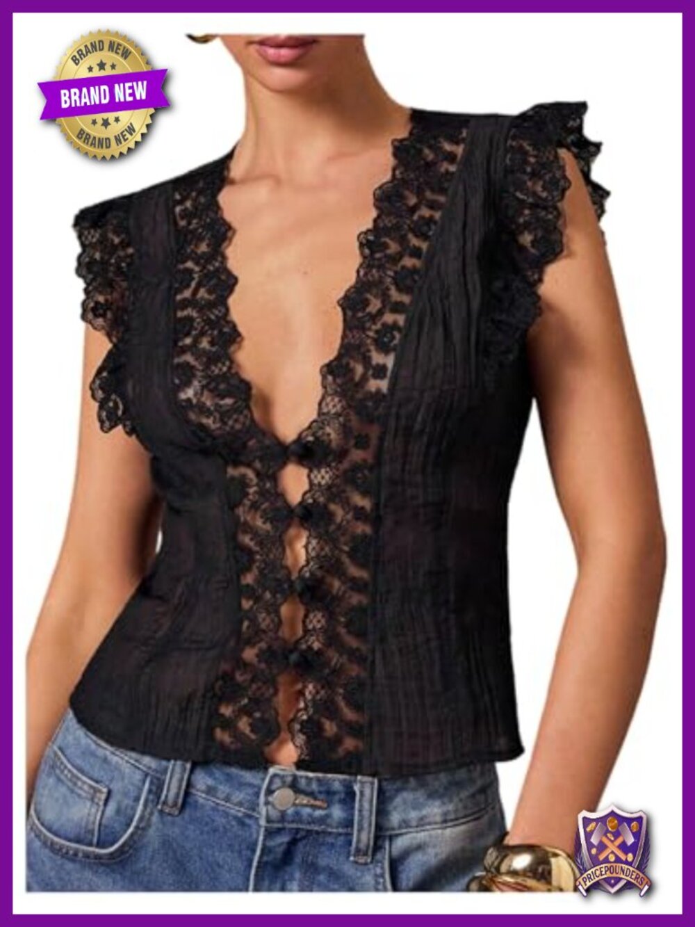 Lace Vest Sleeveless Deep V Neck Blouse Tie Front Ruffled Top